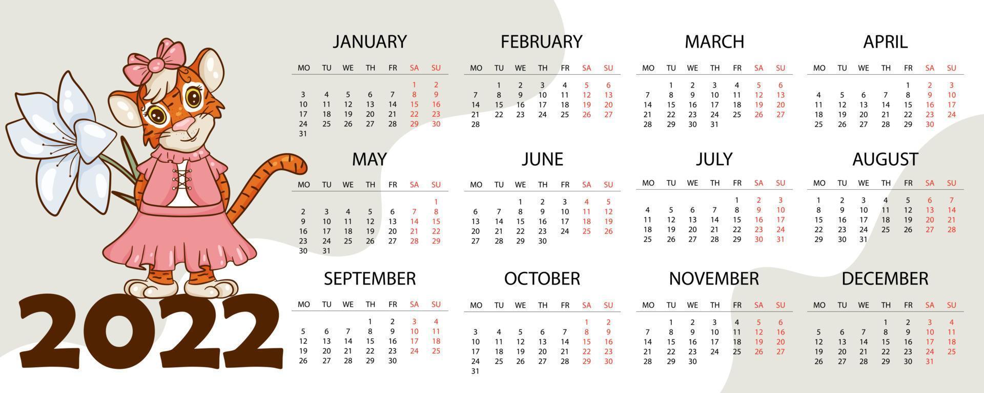 kalendermall för 2022, tigerns år enligt den kinesiska eller östra kalendern, med en illustration av tigern. horisontellt bord med kalender för 2022. vektor