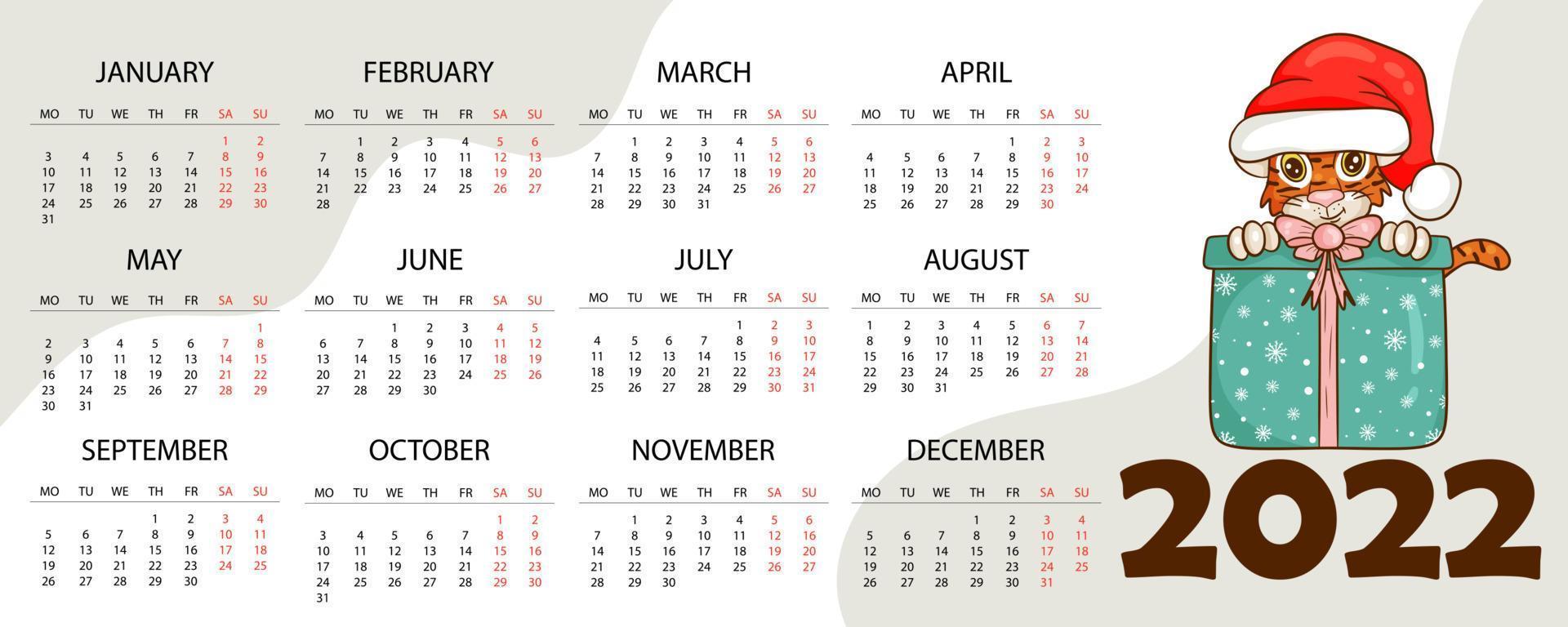 Kalenderentwurfsvorlage für 2022, das Jahr des Tigers nach dem chinesischen oder östlichen Kalender, mit einer Abbildung des Tigers. horizontale Tabelle mit Kalender für 2022. Vektor