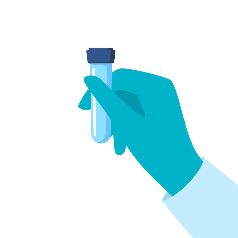 chemisch Forscher Hand im ein Gummi Handschuh halten Prüfung Tube mit etwas Substanz. Molekül von organisch Substanz. Labor Forschung. Vektor Illustration