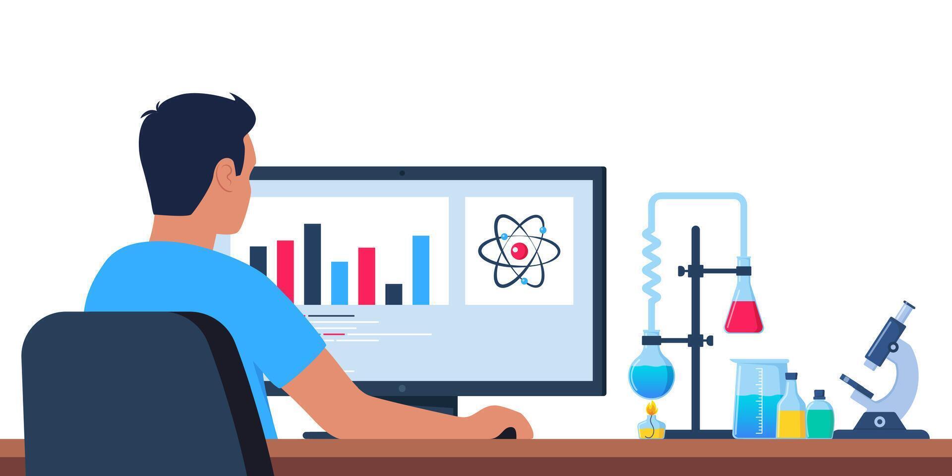 Wissenschaftler im Chemie Labor Arbeiten auf Forschung und Erkundung. Computer, Labor Glaswaren mit Substanz. Labor Forschung, testen, Studien im Chemie. Vektor Illustration.