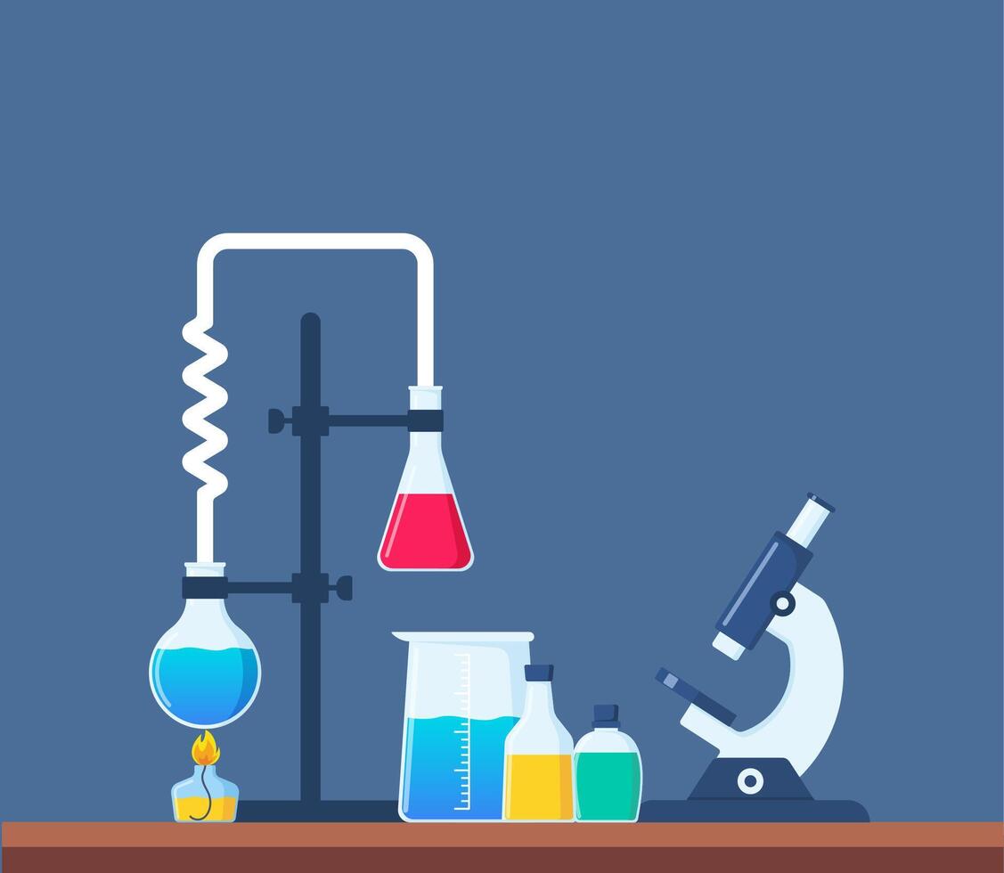 chemisch Labor mit anders Glas Flaschen, Fläschchen, Reagenzgläser mit Substanz und Reagenzien. Labor Forschung, testen, Studien im Chemie, Physik, Biologie. Banner, Poster. Vektor Illustration.