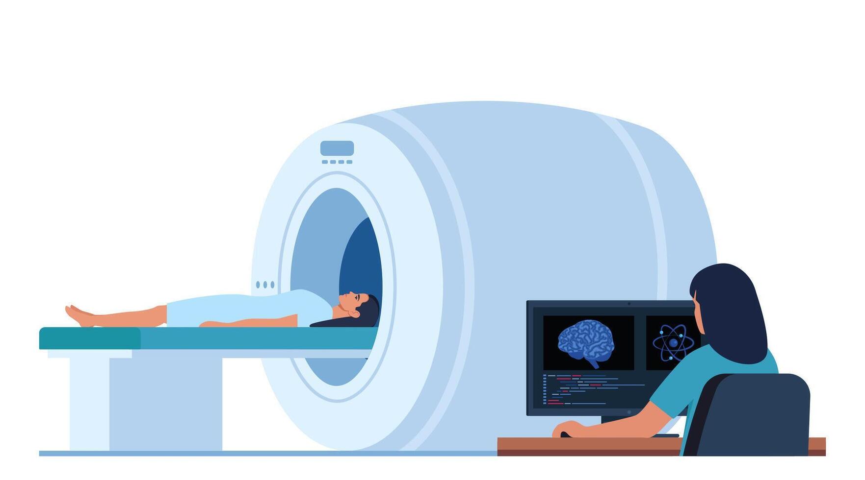 läkare ser på resultat av patient hjärna skanna på de övervaka skärmar i främre av mri maskin med patient liggande ner. platt vektor illustration.