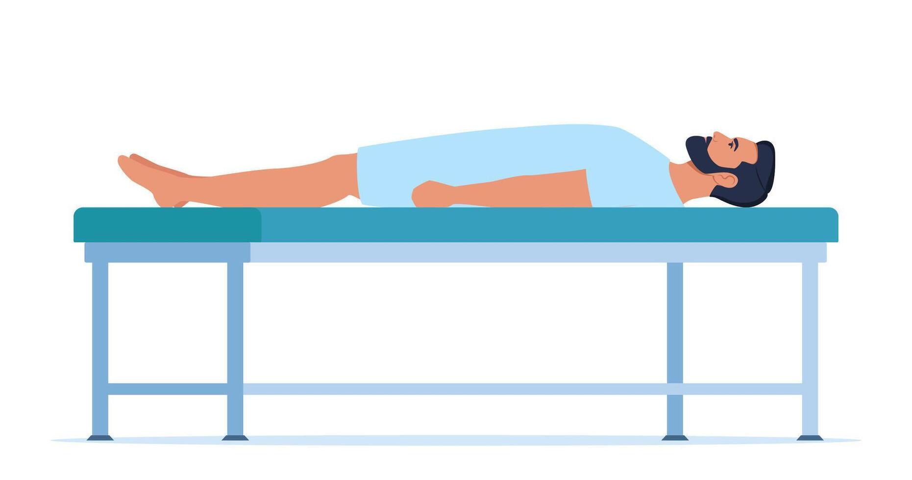 geduldig Lügen auf medizinisch Bahre. Krankenhaus medizinisch Behandlung. geduldig warten zum Arzt Untersuchung. Vektor Illustration.