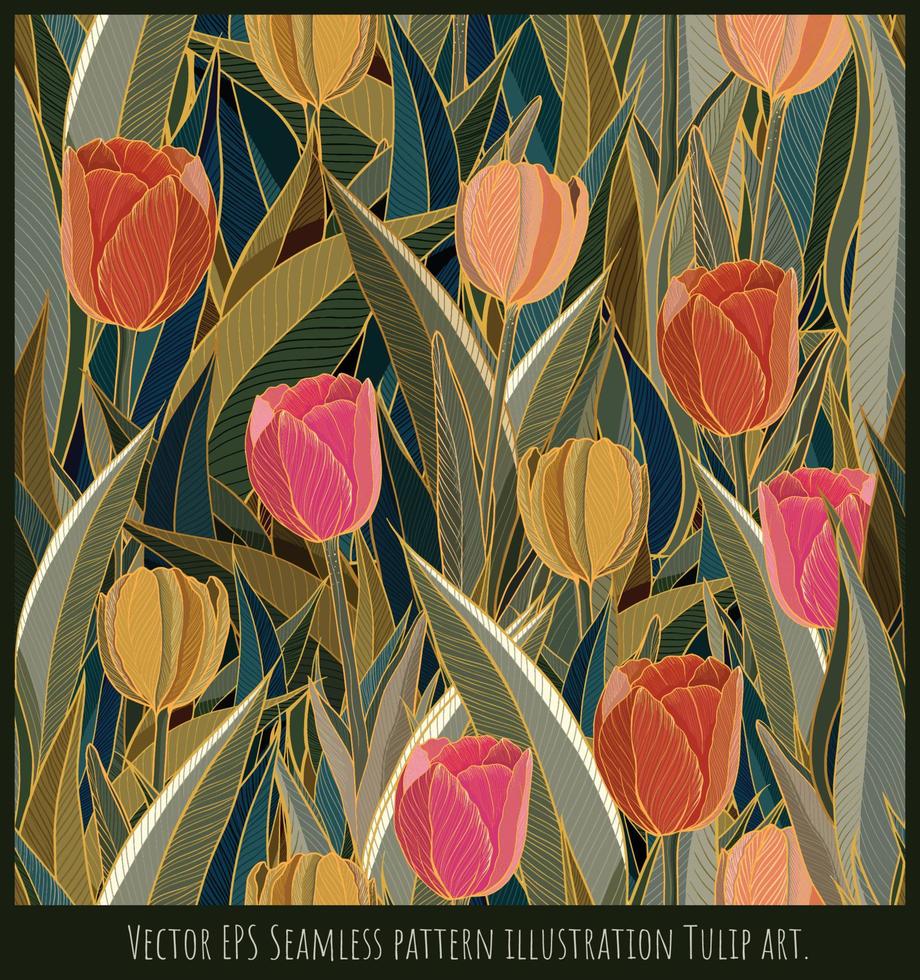 nahtlose Musterkunst von Tulpenblumen mit goldener Linie vektor