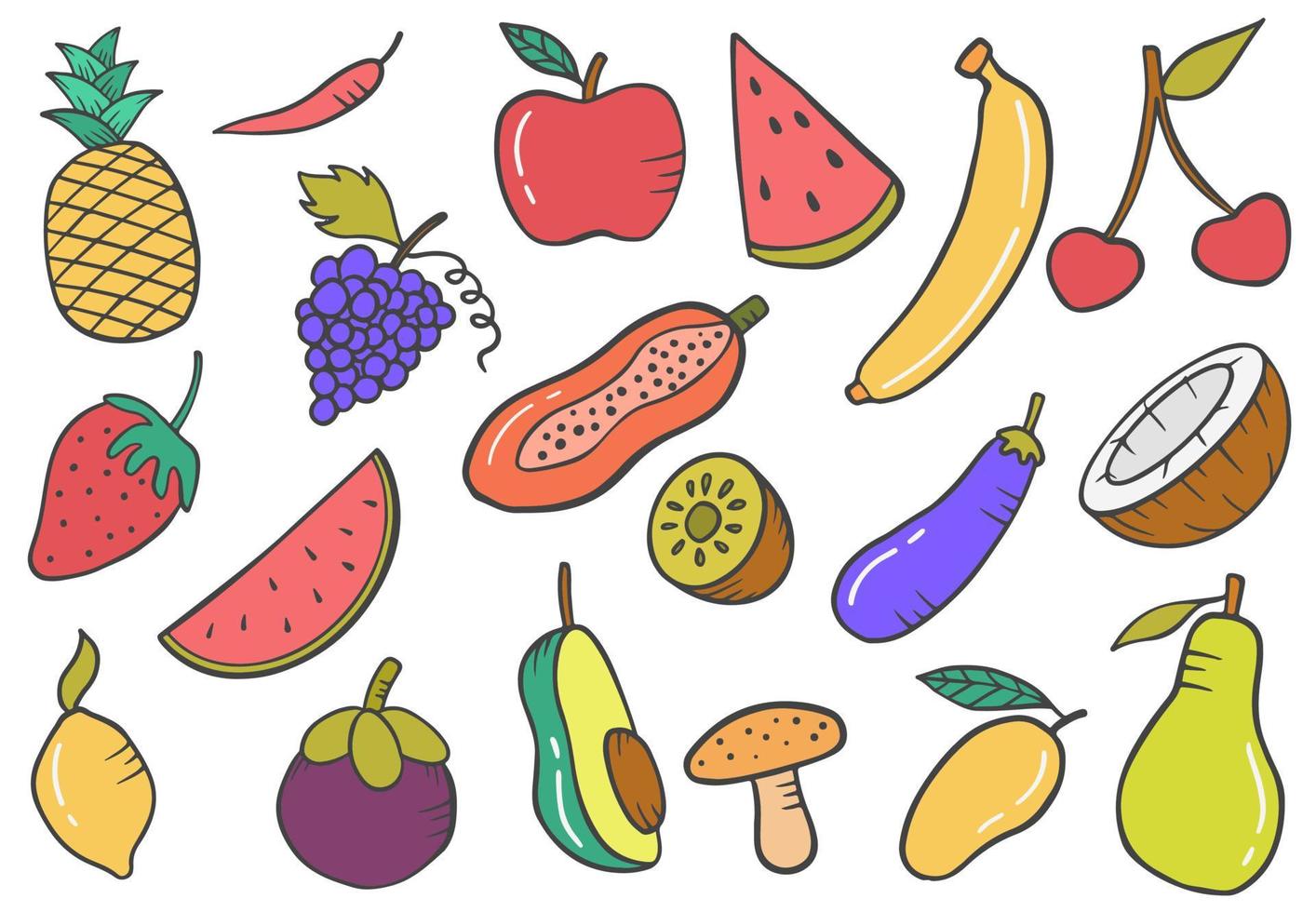 frukter set samling doodle handritad uppsättning samlingar med platt disposition stil vektor