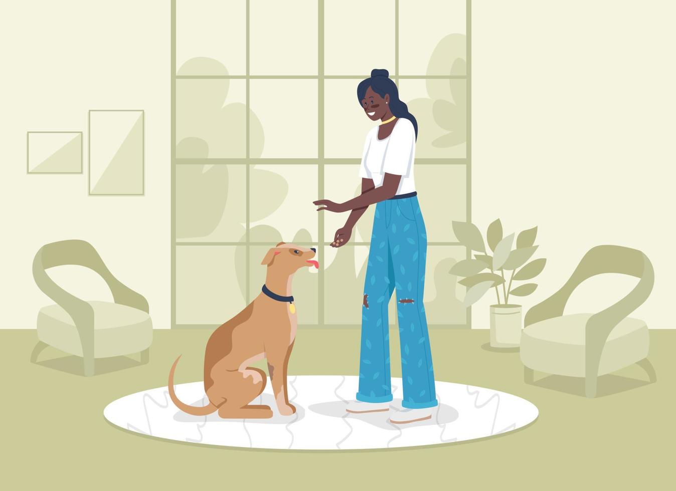 Ausbildung Haustier flache Farbe Vector Illustration. Besitzer, der Labrador-Tricks beibringt. Mädchen mit Welpen. glückliche aktive Frau 2D-Cartoon-Figur mit grünem Wohninnenraum im Hintergrund