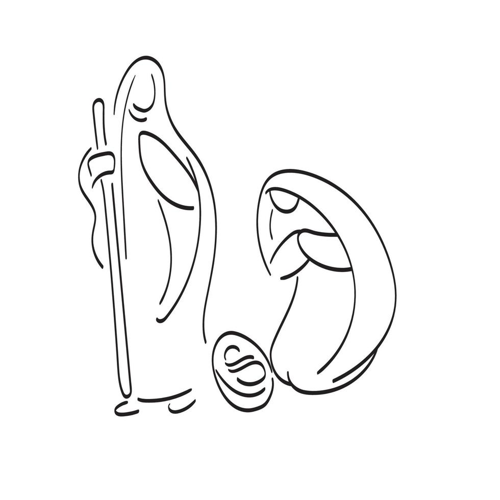 Weihnachtskrippe mit Maria, Joseph und Jesuskind Hand gezeichnet mit schwarzen Linien Illustrationsvektor vektor