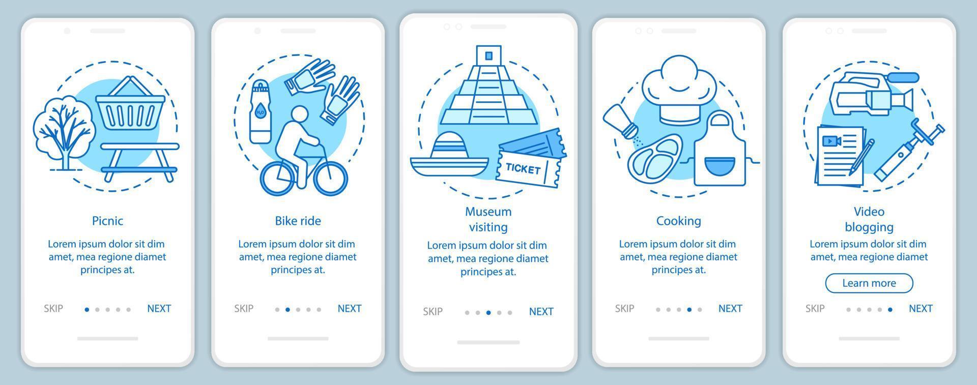 familjeaktiviteter med barn ombord skärm med mobilapps sidor med linjära koncept. museibesök. fem genomgångssteg grafiska instruktioner. cykeltur. ux, ui, gui vektormall, illustrationer vektor