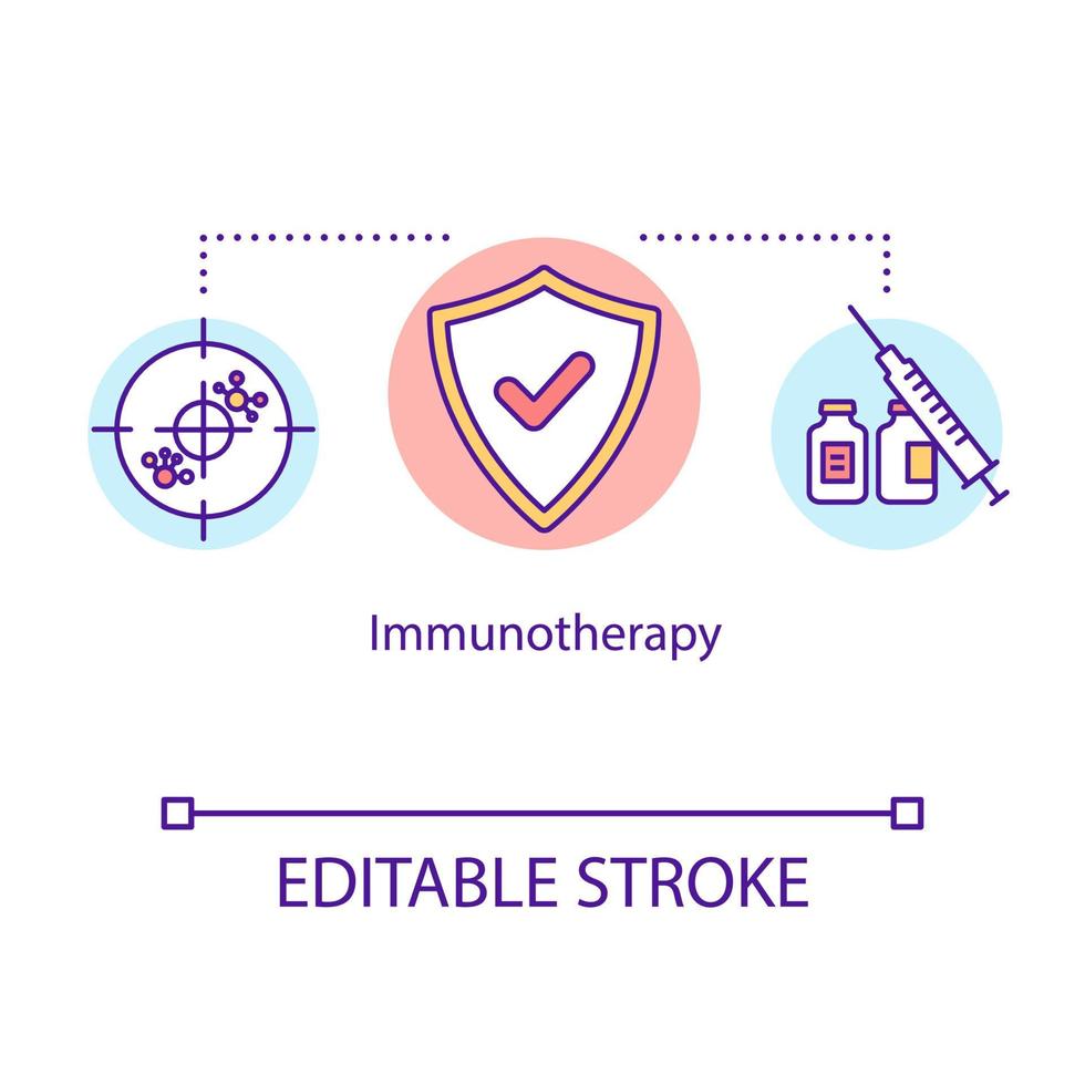 immunterapi konceptikon. cancerbehandling idé tunn linje illustration. onkologisk terapi. cancervaccin. medicinsk hjälp. vektor isolerad kontur rgb färgritning. redigerbar stroke