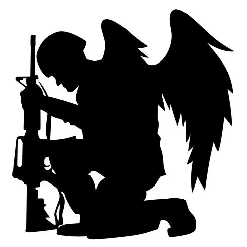 Militär Angel Soldier With Wings kniend Silhouette Vector Illustration