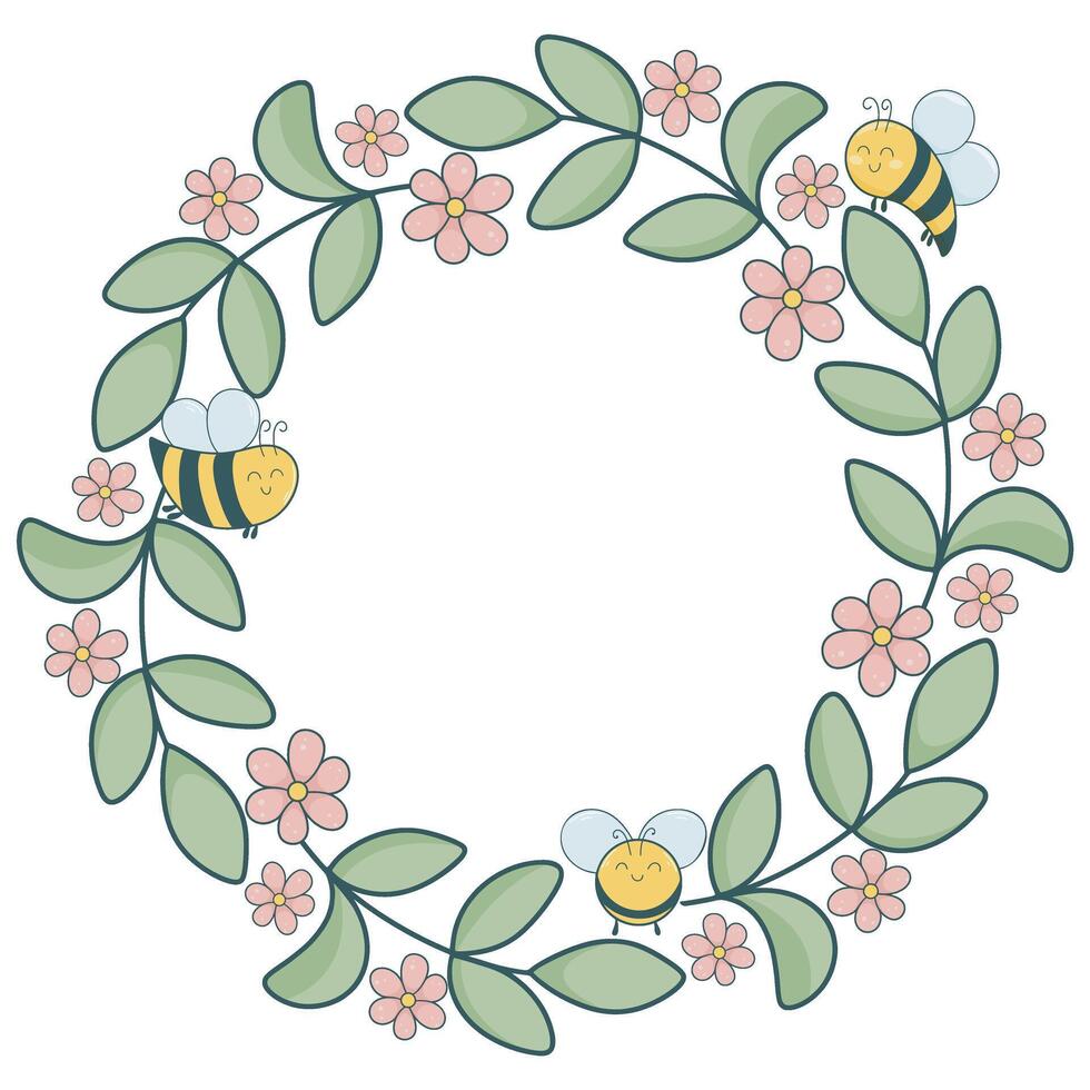 Sommer- kreisförmig Blumen- Rahmen mit Bienen, isoliert Vektor Illustration