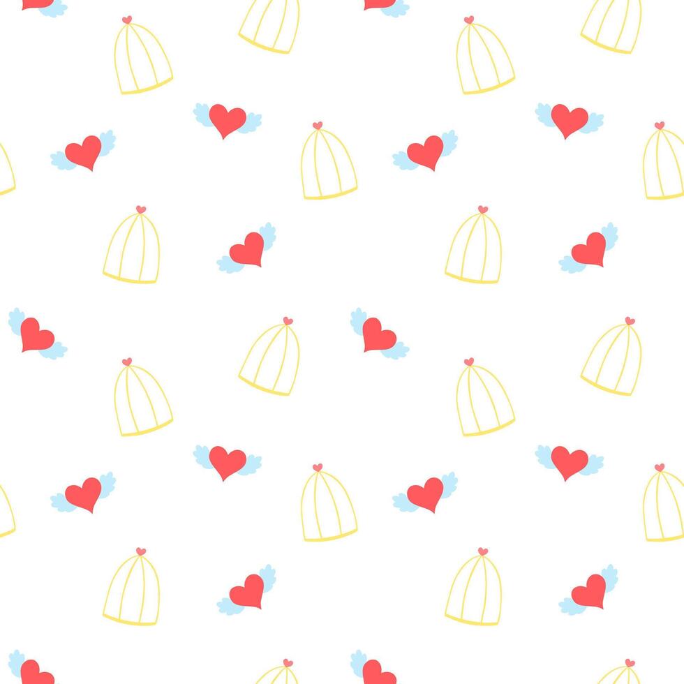 flygande hjärtan med vingar och gyllene burar vektor sömlös mönster för st valentines dag, februari 14:e. kärlek söt bakgrund, tapet, skriva ut, textil, tyg, omslag papper, förpackning design
