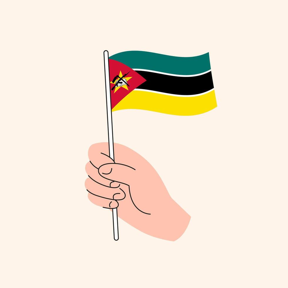 Karikatur Hand halten mosambikanische Flagge, isoliert Vektor Design