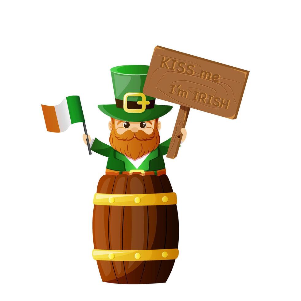 st Patricks dag firande. glad man i pyssling kostym innehav irländsk flagga och trä- plakat kyss mig jag är irländsk. gnome Sammanträde på öl tunna. vektor illustration