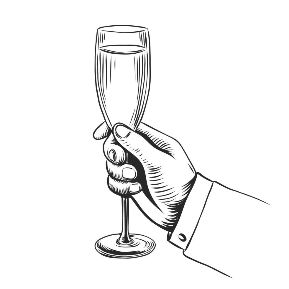 männlich Hand halten Glas Champagner. Jahrgang Vektor Gravur Illustration zum Netz, Poster, Einladung zu Party. Hand gezeichnet Design Element isoliert auf Weiß Hintergrund.