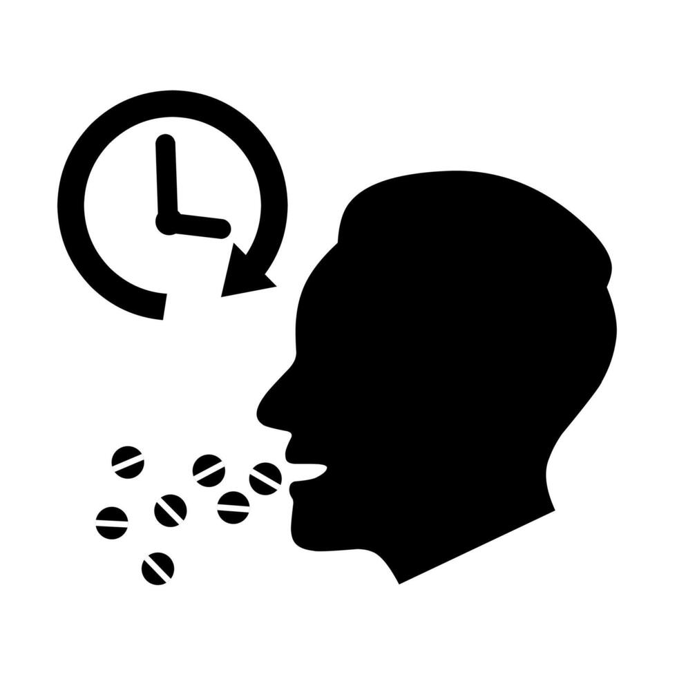 Silhouette von Symbol von nehmen Medizin Tabletten auf Zeit. Kopf mit öffnen Mund und Uhr. isoliert auf Weiß Hintergrund. Vektor Illustration