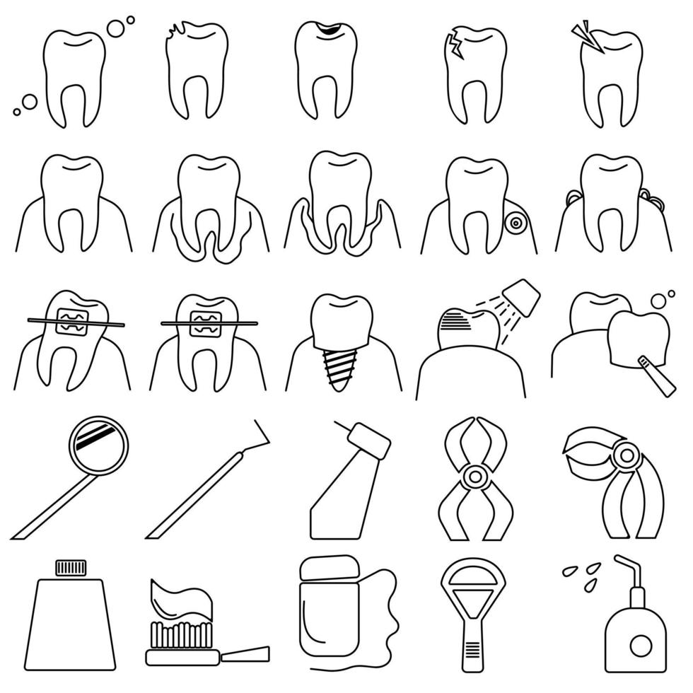tandvård disposition ikoner set, symbolisk bild av tänder, deras sjukdomar och procedurer för behandling och vård av tänder och munhålor vektor