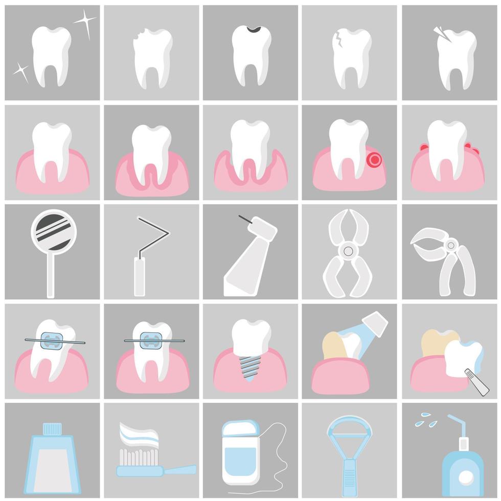 Zahnmedizin-Icons gesetzt. Zahngesundheit mit einem einzigen Zahn, Zahnfleischerkrankungen, Zahnausrichtung und Prothetik, Zahnarztwerkzeuge und Mundpflege vektor