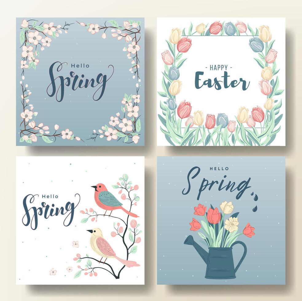 einstellen von Frühling Gruß Karten mit Vögel und Blumen, Frühling Hintergrund. Hallo Frühling rahmen. Ostern Vorlage vektor