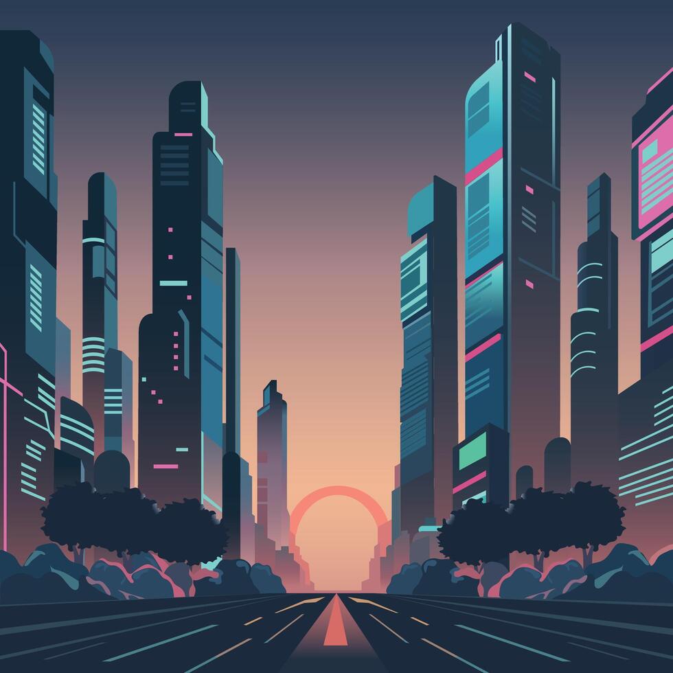 abstrakt Zukunft Stadt Horizont mit ein Bogen, retro Illustration, eben Vektor Illustration