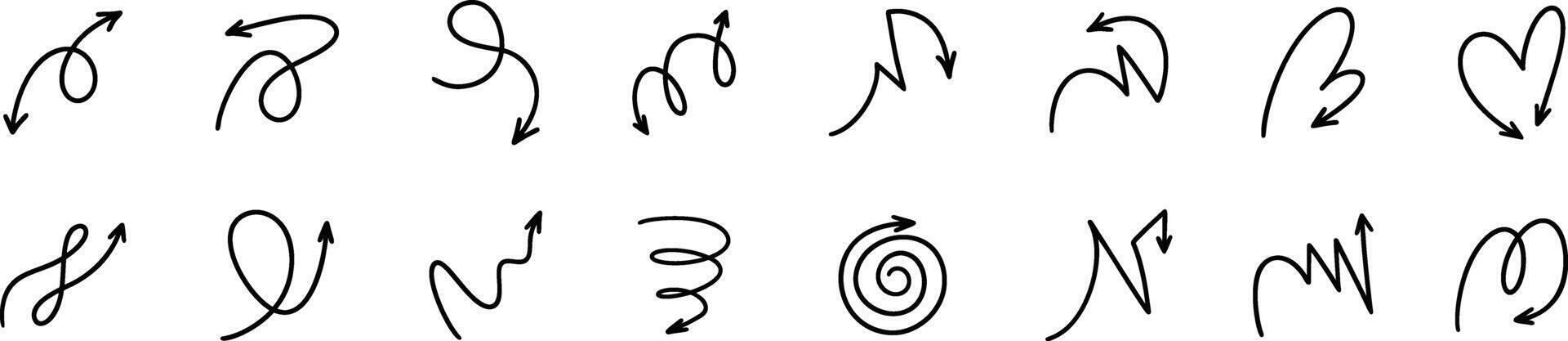 hand dragen vektor pil ikon uppsättning. klotter skiss penna, penna, krita teckning. sak linje design element. upp, ner, höger, vänster, cirkel, studsa, spiral riktning och rörelse uttryck