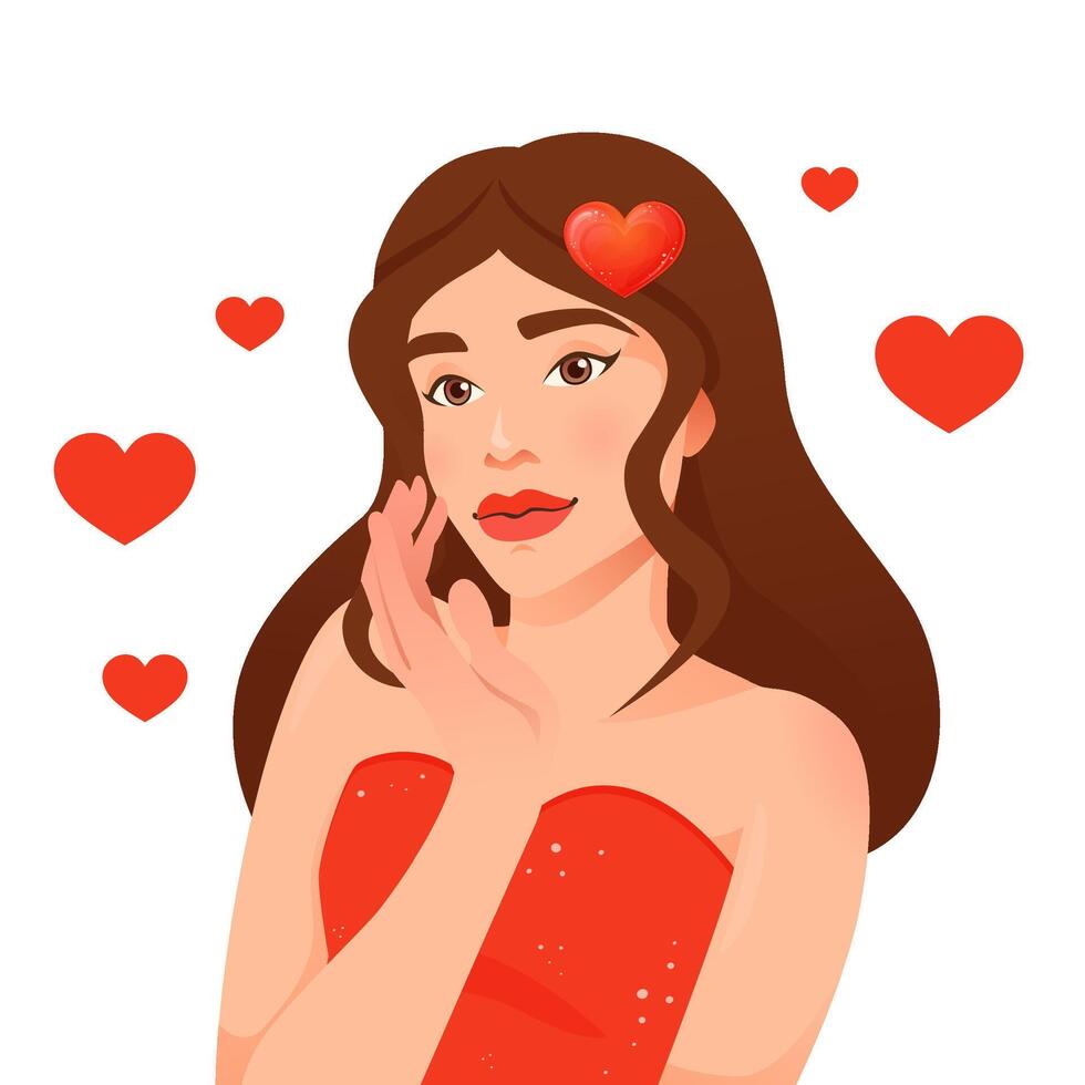 Lycklig hjärtans dag. ung glad Lycklig flicka med lång hår med röd hjärtan dekorationer. röd klänning passionen karaktär i tecknad serie stil. vektor illustration isolerat på vit bakgrund.