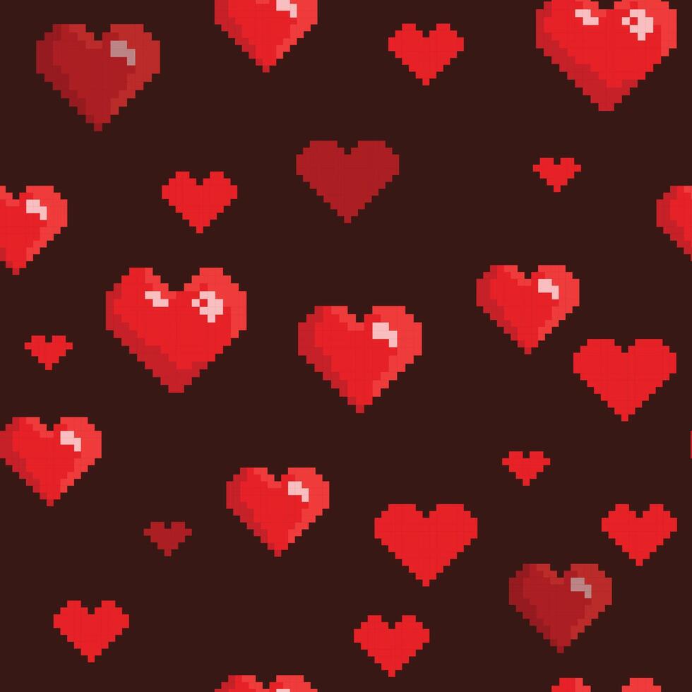 Vektor nahtlos Muster mit rot Herzen auf dunkel Hintergrund. Pixel Kunst Stil
