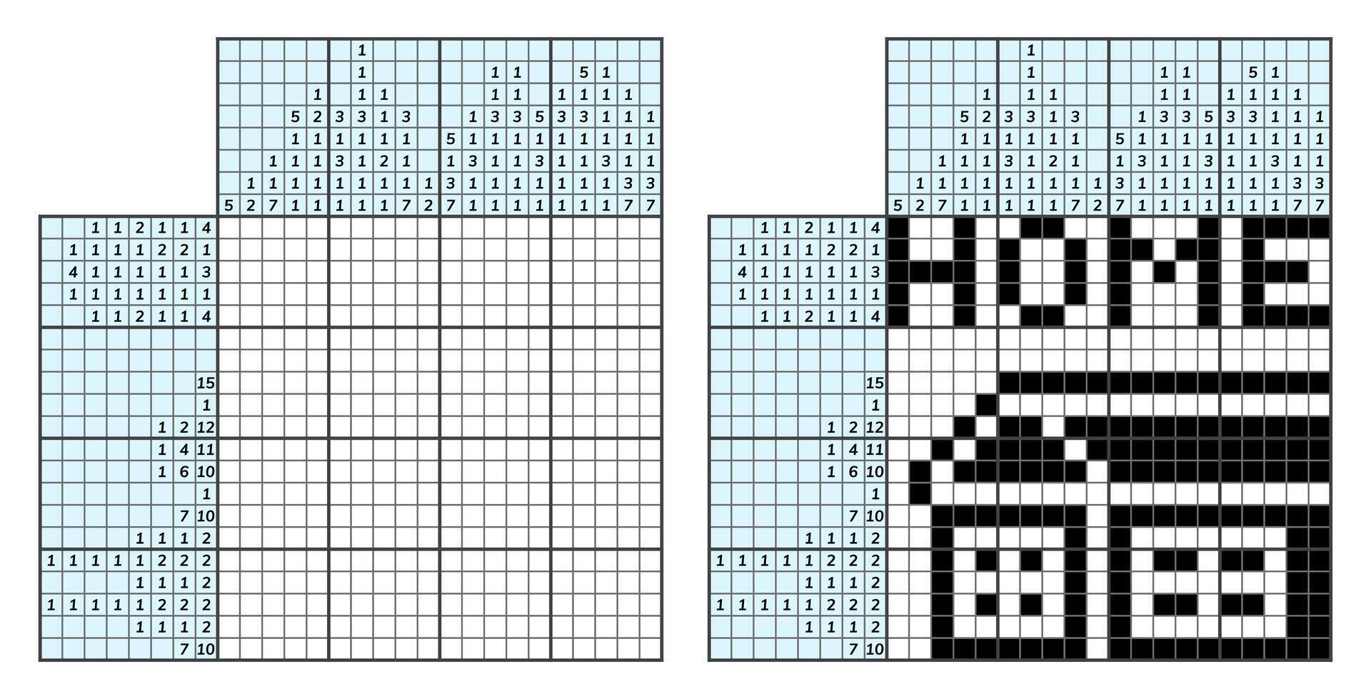 japanisch Kreuzworträtsel Puzzle. Kinder und Erwachsene mathematisch Mosaik. Nonogramm. Logik Puzzle Spiel. Digital Rebus. Vektor Illustration