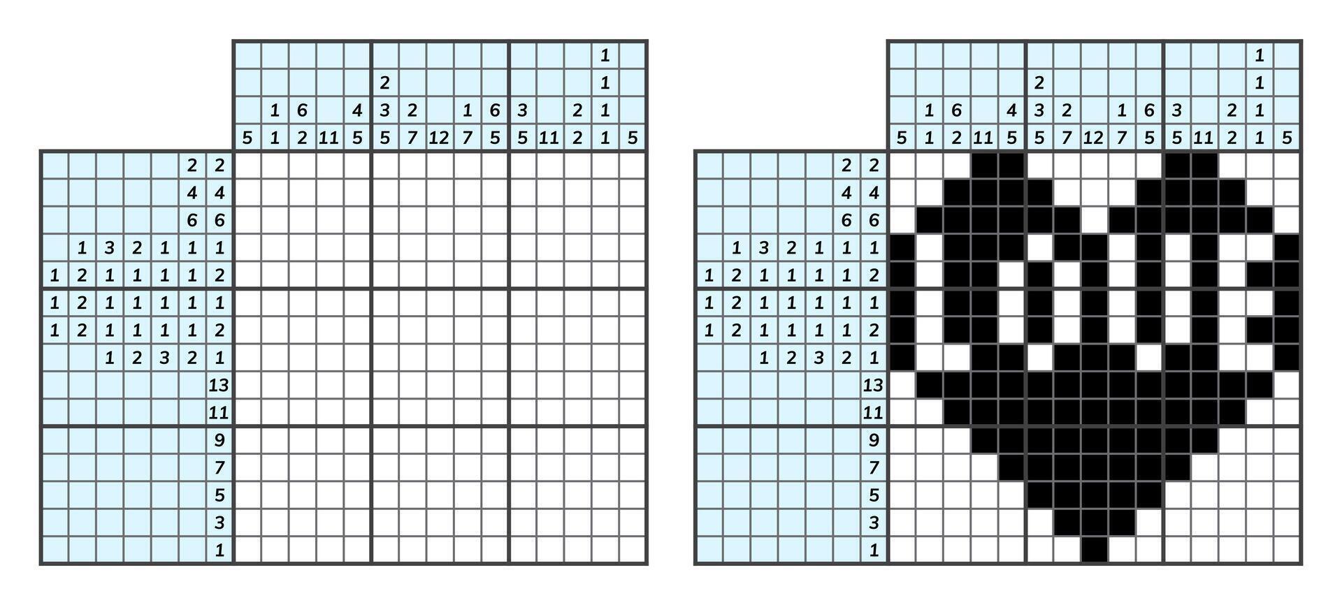japanisch Kreuzworträtsel Puzzle. Kinder und Erwachsene mathematisch Mosaik. Nonogramm. Logik Puzzle Spiel. Digital Rebus. Vektor Illustration