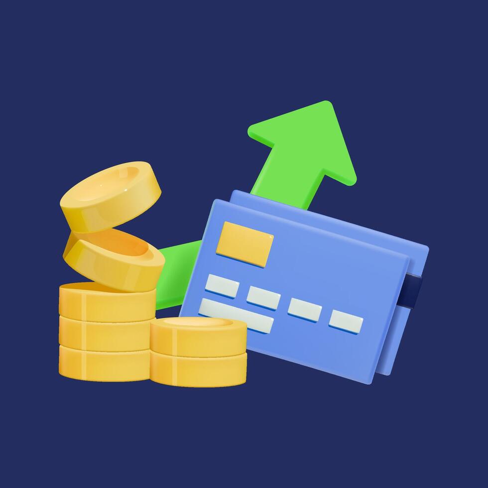 3d Symbol Einnahmen Wachstum zunehmend Graph. Anerkennung Karte, Kasse, und ein nach oben Pfeil. vektor