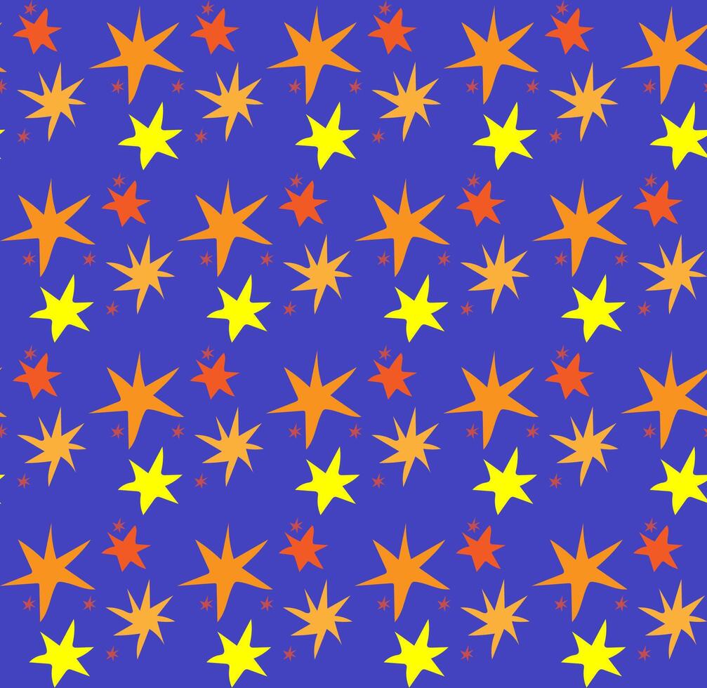 sömlös vektor textur i de form av gul och orange stjärnor dragen i klotter stil på en blå bakgrund