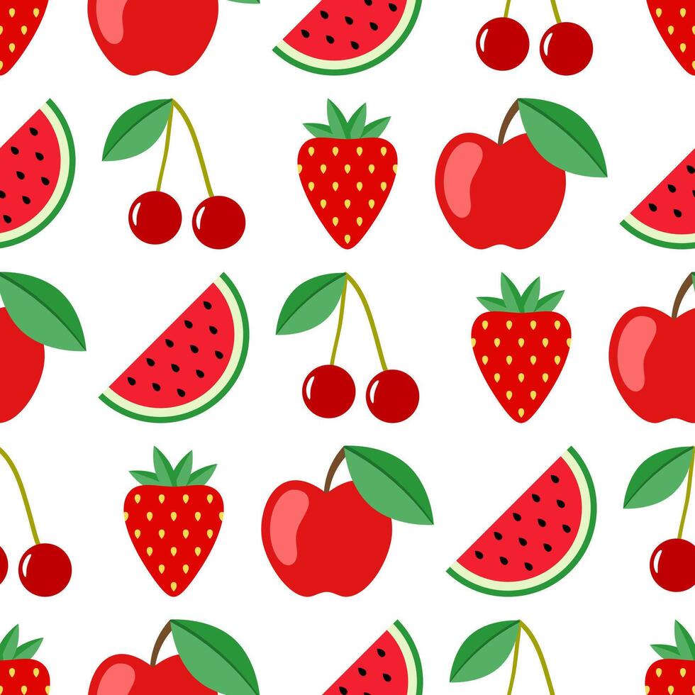 frukt och bär sömlös mönster. vattenmelon, körsbär, äpple, jordgubb sömlös bakgrund. saftig söt mönster. vektor illustration