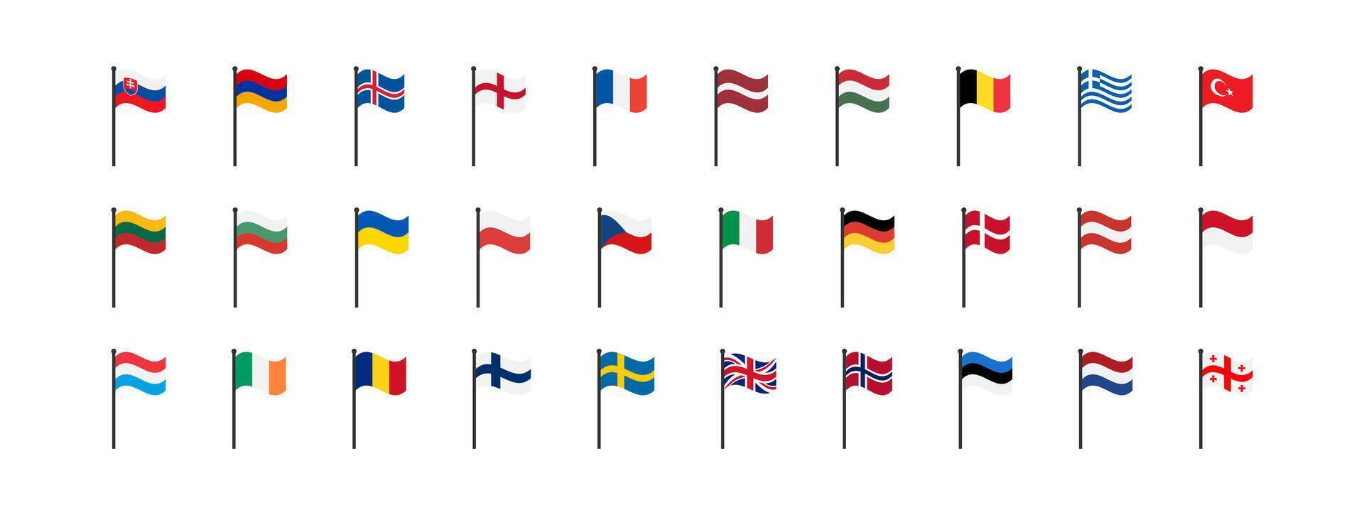 europäisch Flaggen Symbol. Europa Länder einstellen Zeichen. Nation Symbol. Banner von Frankreich, Deutschland, Österreich, und andere Symbole. Platz bilden Symbole. Vektor isoliert unterzeichnen.