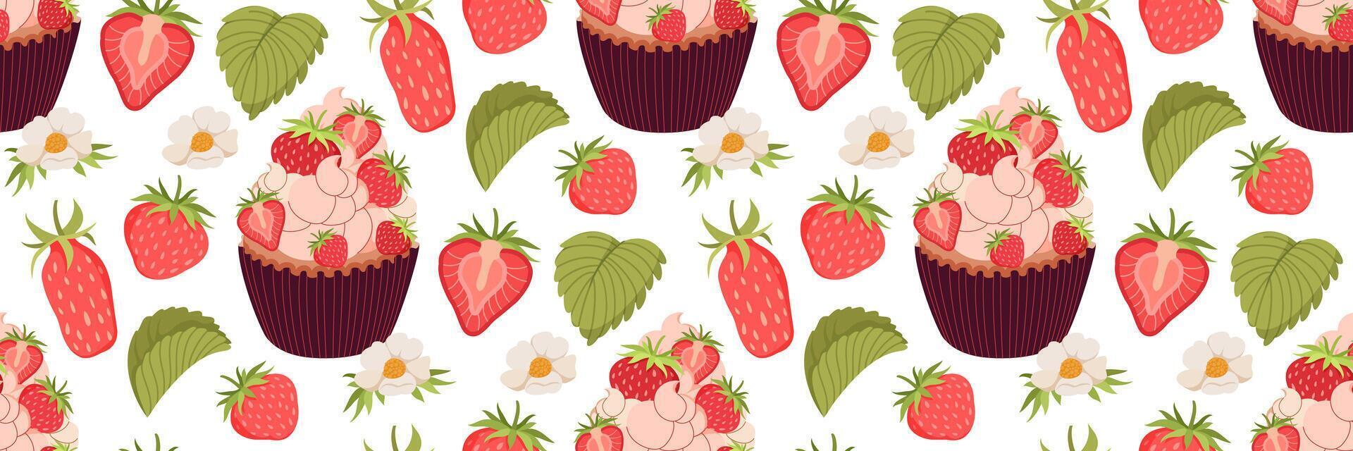 Erdbeere Cupcake Muster. Süss Urlaub Gebäck. Beere Hintergrund mit Muffin und ausgepeitscht Creme. Blumen- drucken zum Ihre Design, Kleidung, Verpackung Papier, Verpackung. Vektor eben Illustration.