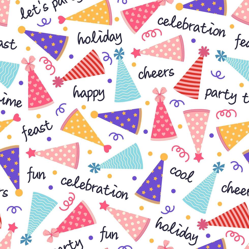 Party Hüte nahtlos Vektor Muster. Zapfen mit Streifen, Sterne, Herzen, Polka Punkte. Papier Kopfschmuck zum Kinder, bunt Konfetti und Text. Kappen zum Geburtstag, Karneval, Urlaub. eben Karikatur Hintergrund