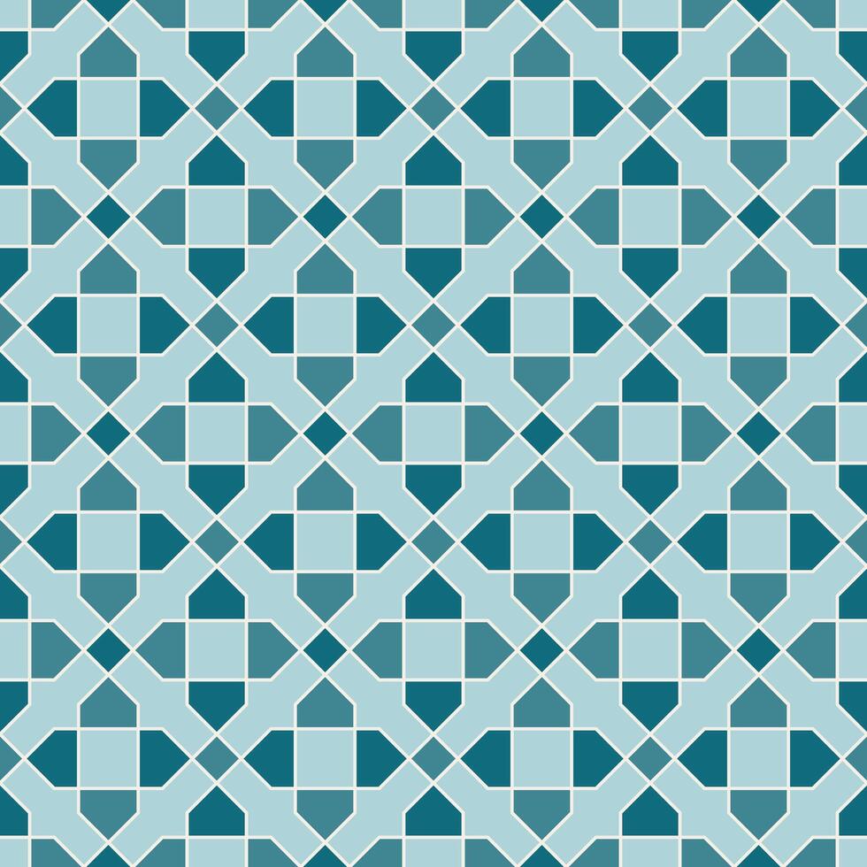 Arabisch geometrisch Mosaik druckbar nahtlos Muster mit abstrakt marokkanisch drucken im Blau und Orange Farben. Ramadan kareem traditionell islamisch Kunst Illustration Hintergrund vektor