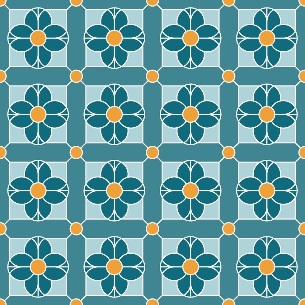 Arabisch geometrisch Mosaik druckbar nahtlos Muster mit abstrakt marokkanisch drucken im Blau und Orange Farben. Ramadan kareem traditionell islamisch Kunst Illustration Hintergrund vektor