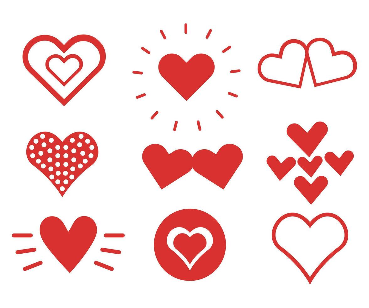 Herz Sammlung, Hand gezeichnet Liebe Valentinstag, Herzen Gekritzel Gruppe, minimalistisch Formen Vektor Illustration isoliert auf Weiß Hintergrund