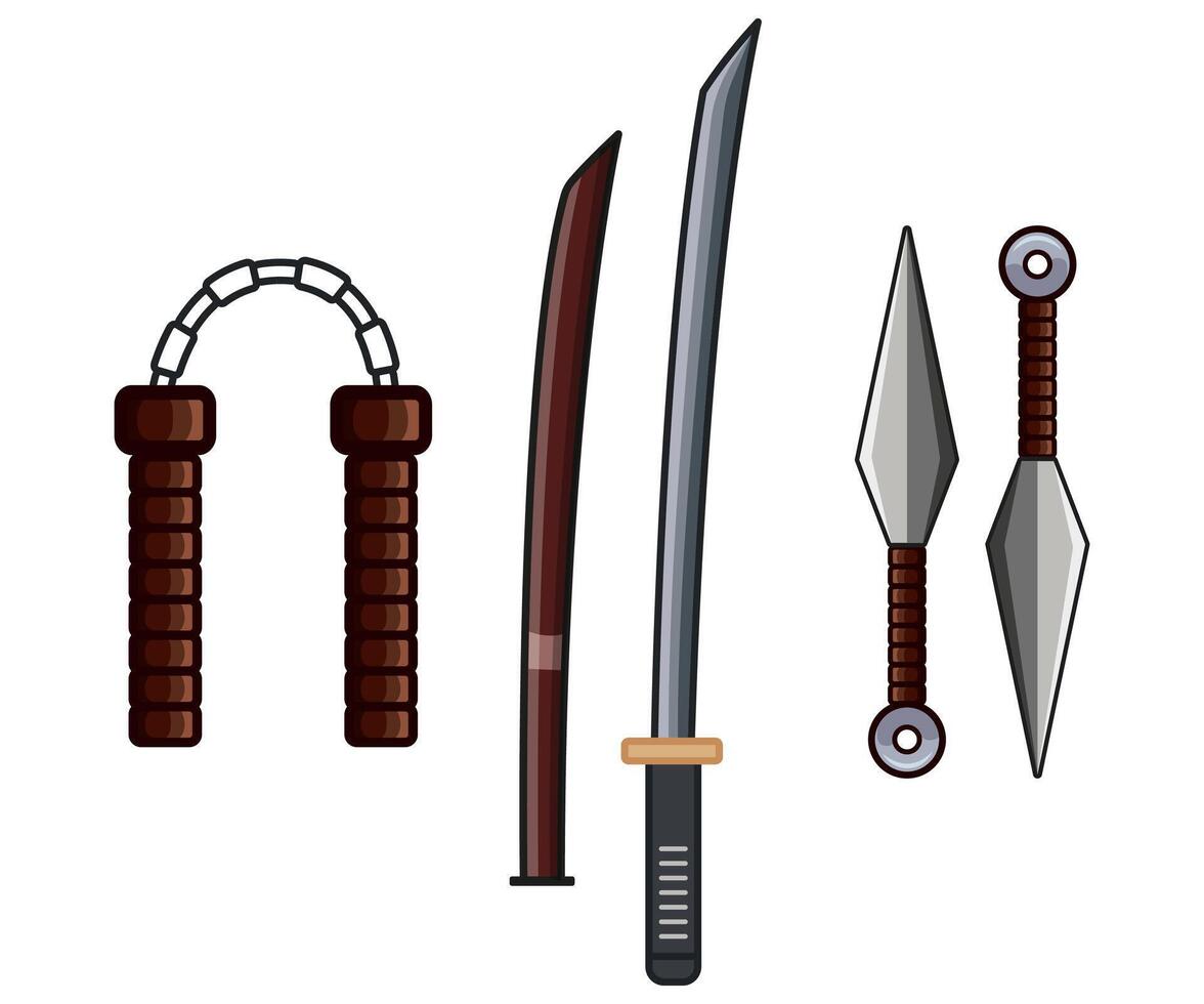 Ninja Waffen Karikatur, Nunchaku, Dolch, Katana, Schwert, Kampf Ausrüstung, Kunst kriegerisch Elemente Vektor Illustration