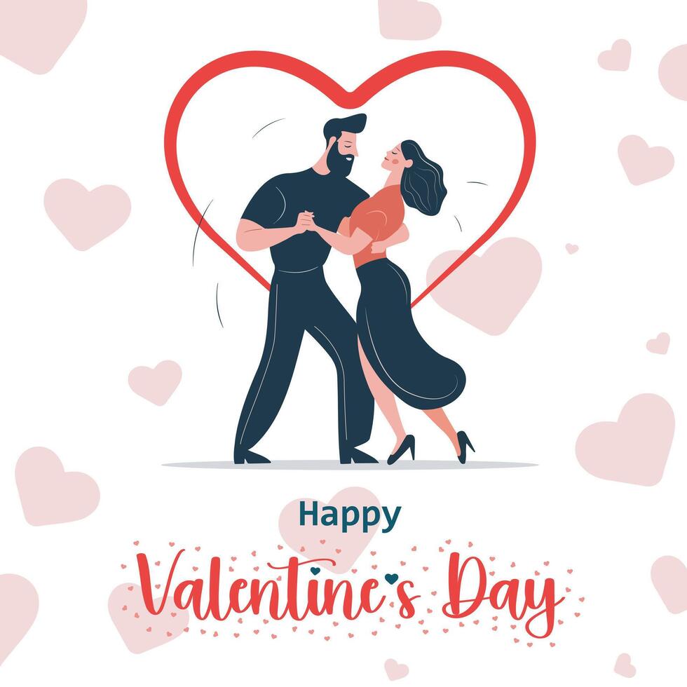 Lycklig valentines dag - par man och kvinna dans på hjärtan för valentines dag hälsning kort vektor