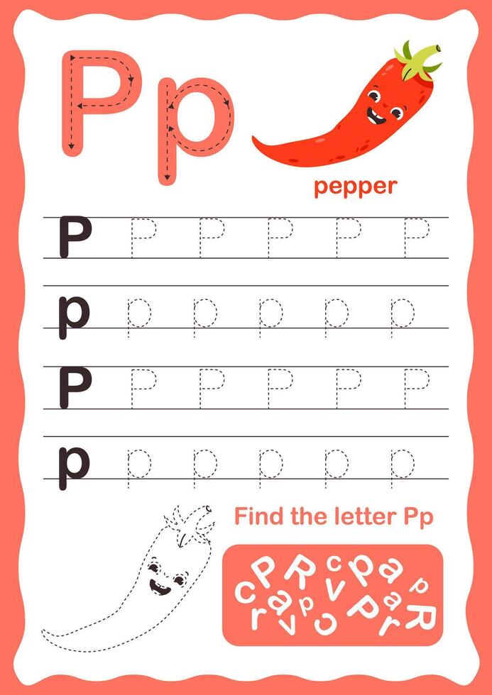 Rückverfolgung Briefe Alphabet. Großbuchstaben und Kleinbuchstaben Brief p englisch Alphabet. Handschrift Übung zum Kinder. Vektor Illustration