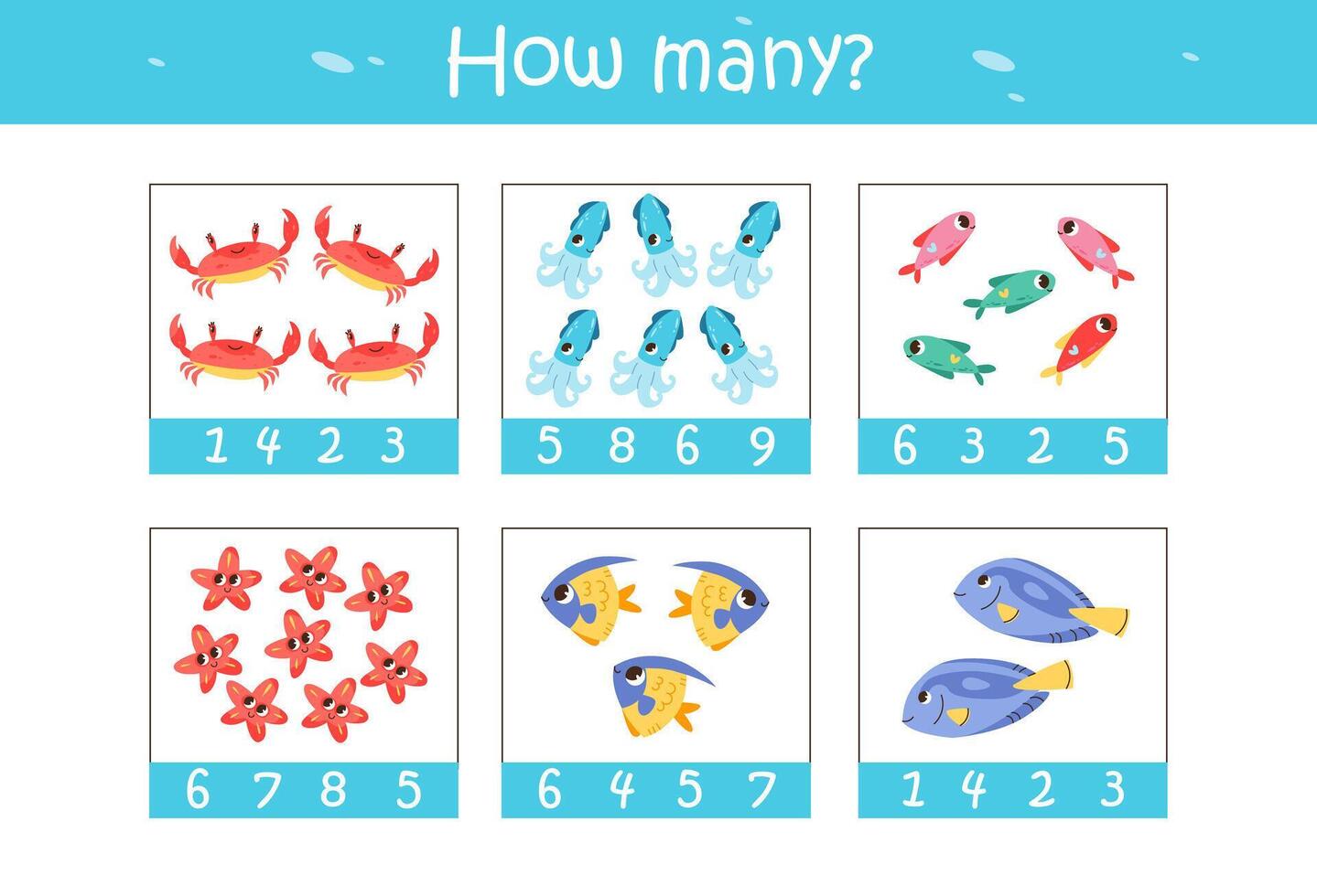 Anzahl Wie viele Meer Tiere und Fisch. Zählen Spiel zum Kinder. lehrreich ein mathematisch Spiel. eben Vektor Illustration.