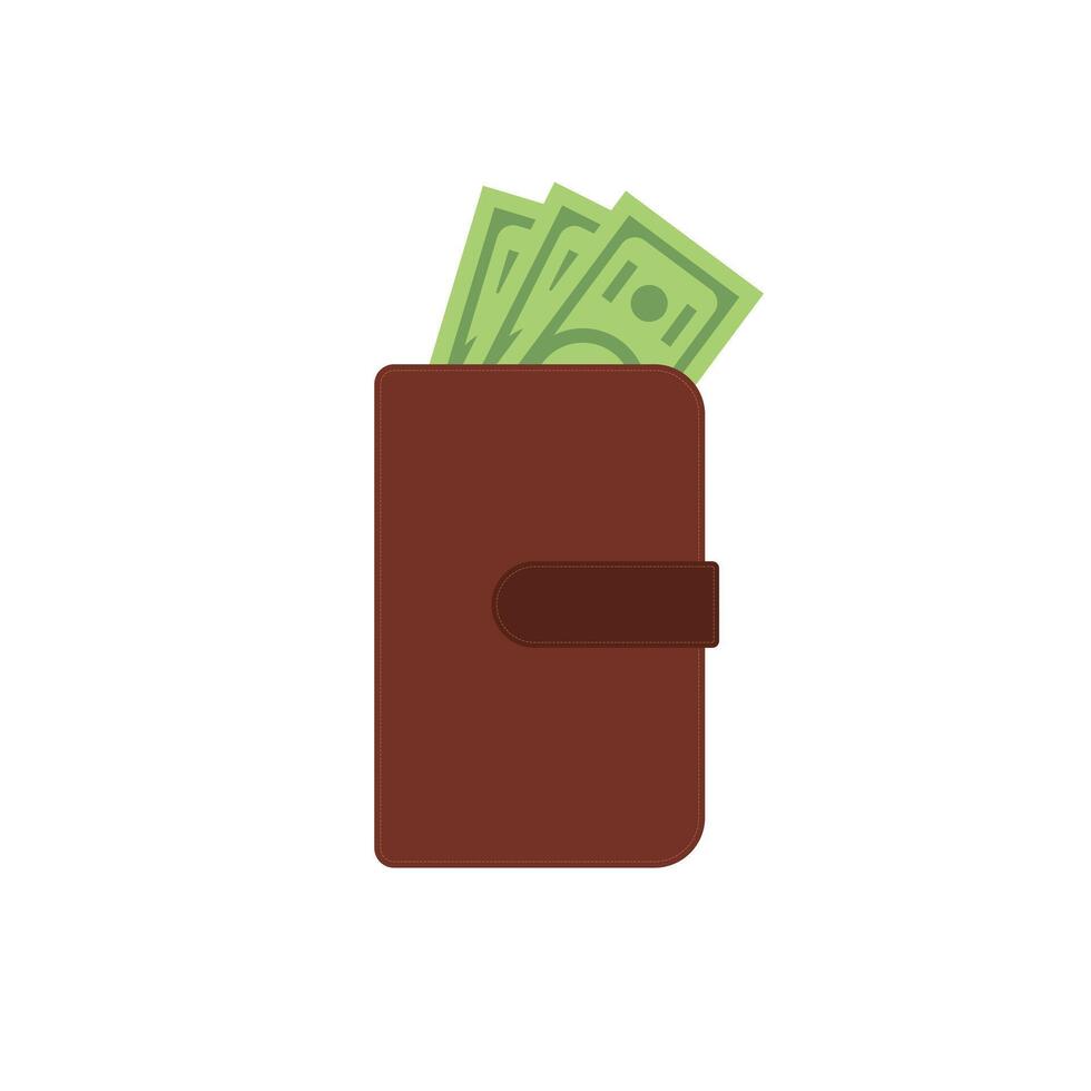 plånbok och pengar platt design vektor illustration. platt design bank och finansiera plånbok. brun plånbok med grön papper pengar. plånbok med pengar dollar sedel
