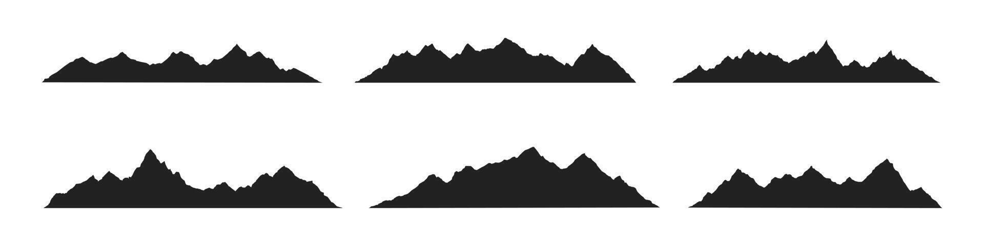 berg åsar topp silhuetter platt stil design vektor illustration uppsättning isolerat på vit bakgrund. klippig bergen toppar med olika intervall utomhus- natur landskap bakgrund design element.