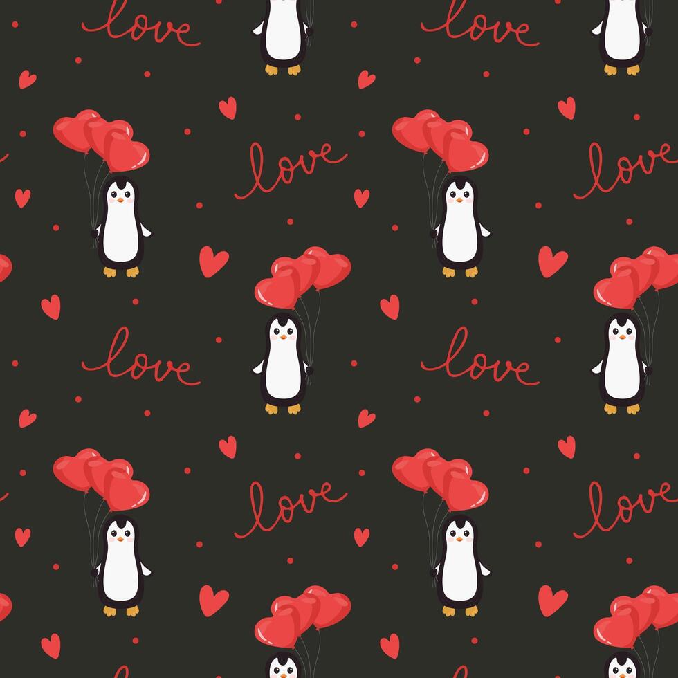 sömlös mönster med pingvin, ballonger och hjärtan. vektor