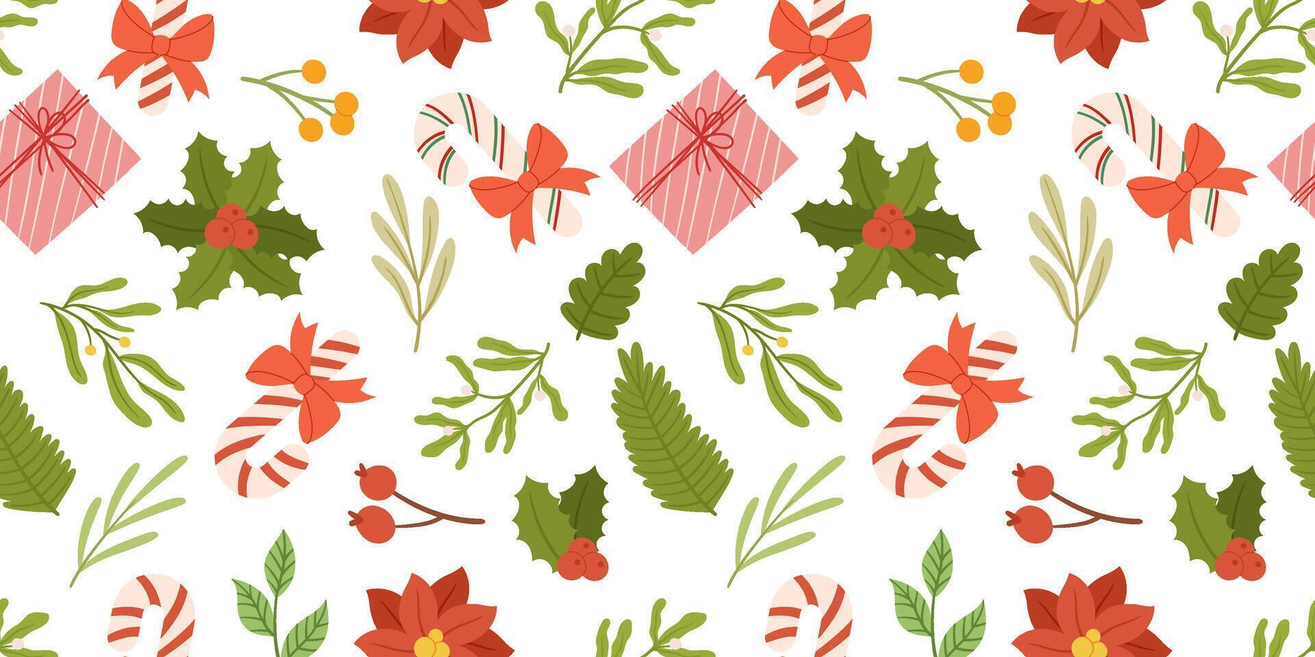 Weihnachten nahtlos Muster mit immergrün Pflanzen, Mistel, Stechpalme Beere und Süßigkeiten Stock mit rot Bogen, Rosa Geschenk Kasten, Beeren auf Ast und Weihnachtsstern Blumen. wiederholt Illustration zum Verpackung Papier vektor