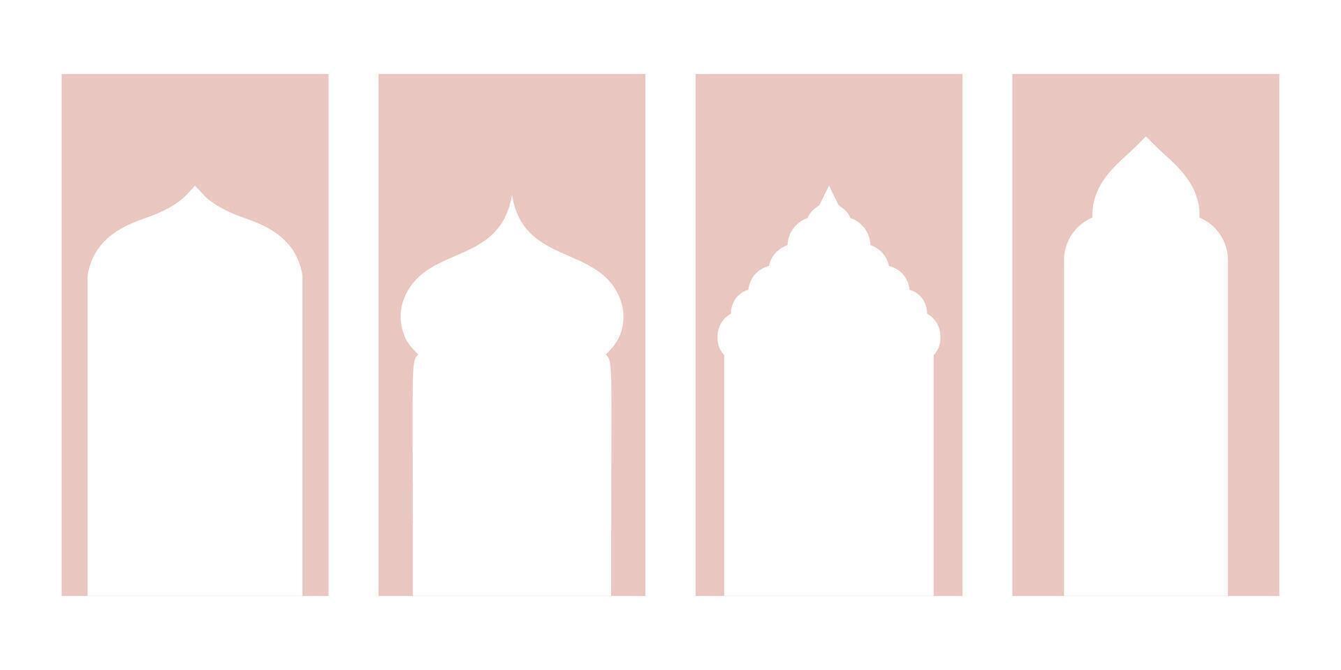 künstlerisch islamisch Vektor Formen abbilden Fenster und Tür Bögen. arabisch Frames einstellen mit Ramadan kareem Silhouette Symbole. elegant Moschee Tor Illustrationen.