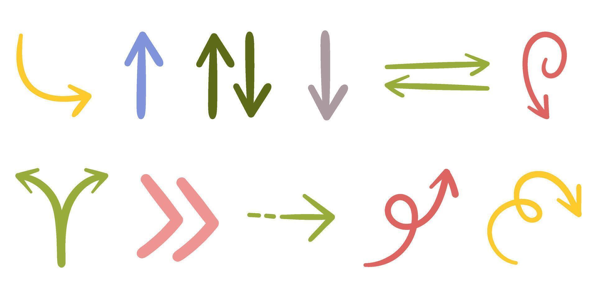 handgemalt freihändig Betonung Pfeile, wirbelt, und Kritzeleien. perfekt zum Hinzufügen ein kreativ berühren zu Grafiken, Diagramme, und Infografiken im Präsentationen und lehrreich Inhalt. vektor