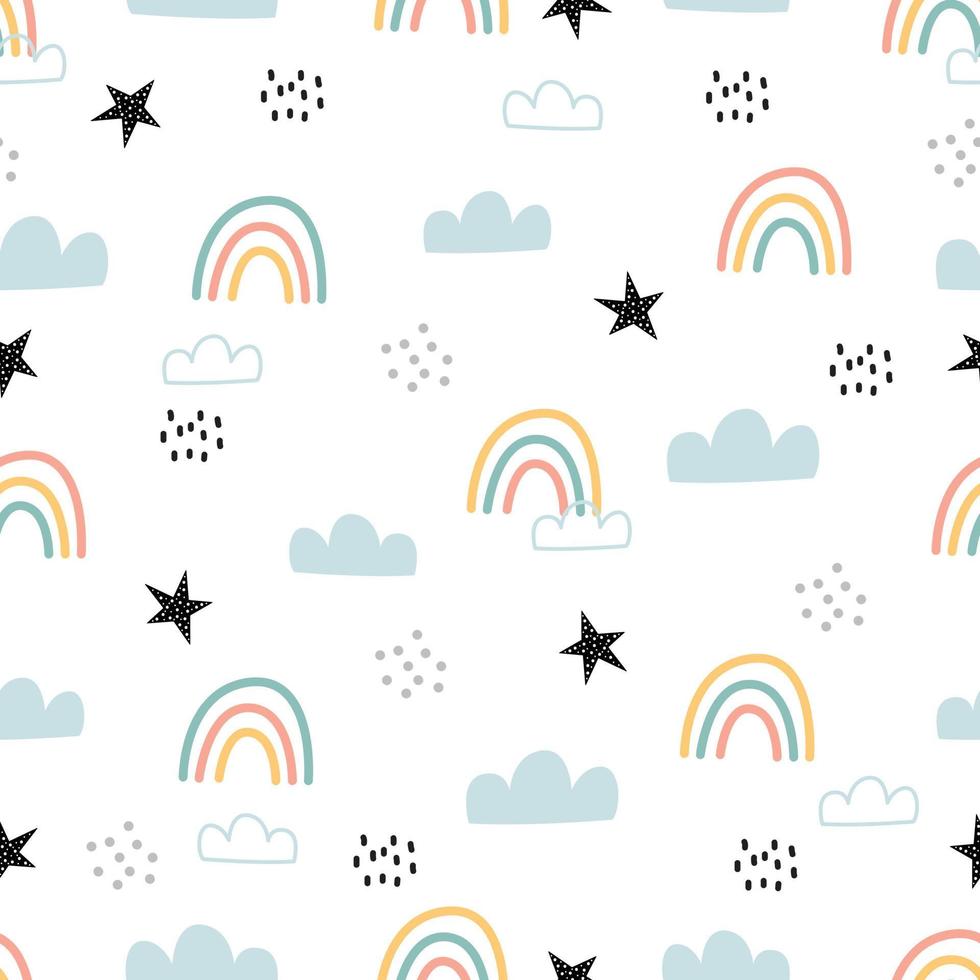 niedliches nahtloses Muster für Kinderhimmelhintergrund mit gezeichnetem Design der Regenbogen- und Wolkenkarikatur. Verwenden Sie für Druck, Tapeten, Geschenkverpackungen, Textilien, Vektorillustrationen. vektor
