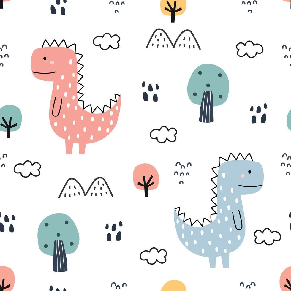 Dinosaurier und Baum nahtlose Muster handgezeichnet niedlichen Cartoon Tier Hintergrund im Kinderstil Design für Druck, Tapete, Dekoration, Stoff, Textilvektorillustration verwendet vektor